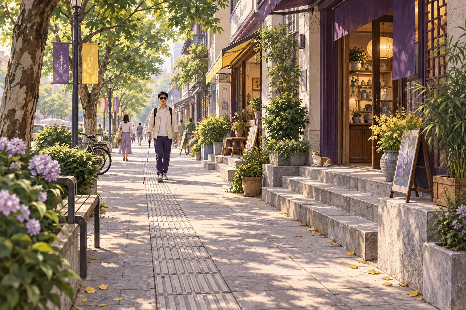看路场景插画：林荫街巷、步行道和使用白手杖的行人。